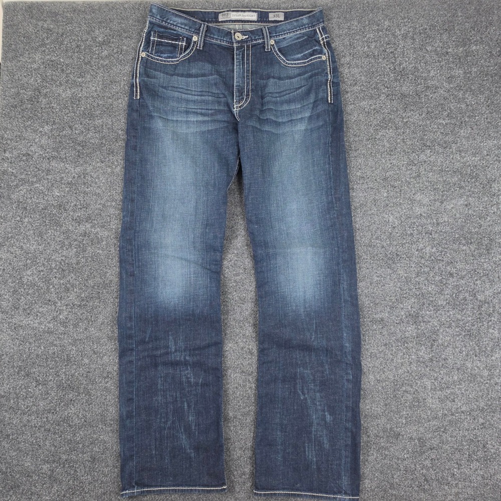 Buckle BKE Tyler Straight Jeans Mens 33L x34 Dark Wash Denim Stretch Casual Blue